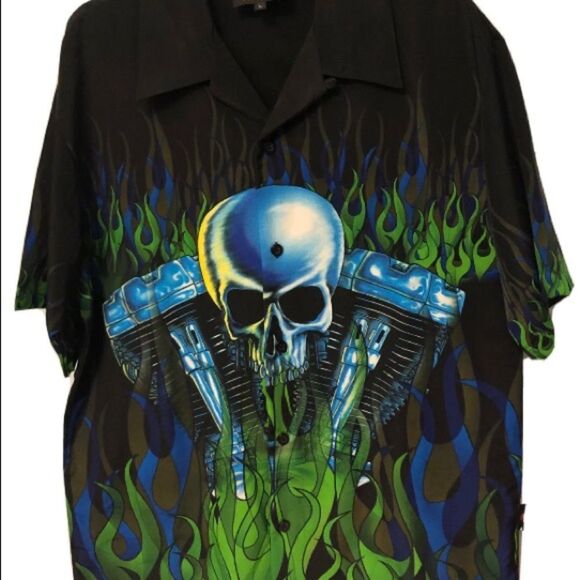Skull Knucklehead w/Green Flames 
Men’s Large
Motorcycle Biker
by ‘D’ Clothing. - Picture 1 of 4
